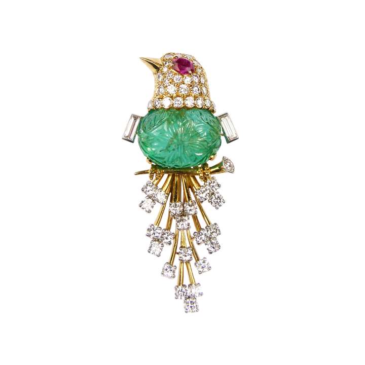 Carved emerald, diamond, ruby and gold bird brooch